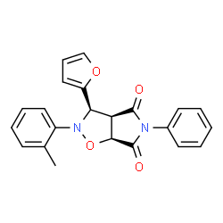 ChemSpider 2D Image | (3R,3aR,6aS)-3-(2-Furyl)-2-(2-methylphenyl)-5-phenyldihydro-2H-pyrrolo[3,4-d][1,2]oxazole-4,6(3H,5H)-dione | C22H18N2O4