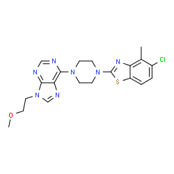 ChemSpider 2D Image | 6-[4-(5-Chloro-4-methyl-1,3-benzothiazol-2-yl)-1-piperazinyl]-9-(2-methoxyethyl)-9H-purine | C20H22ClN7OS