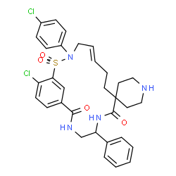 ChemSpider 2D Image | (11'E)-17'-Chloro-14'-(4-chlorophenyl)-5'-phenyl-2'H,7'H-spiro[piperidine-4,8'-[15]thia[3,6,14]triazabicyclo[14.3.1]icosa[1(20),11,16,18]tetraene]-2',7'-dione 15',15'-dioxide | C32H34Cl2N4O4S