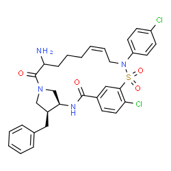 ChemSpider 2D Image | (4S,5S,13Z)-9-Amino-5-benzyl-19-chloro-16-(4-chlorophenyl)-17-thia-3,7,16-triazatricyclo[16.3.1.1~4,7~]tricosa-1(22),13,18,20-tetraene-2,8-dione 17,17-dioxide | C32H34Cl2N4O4S