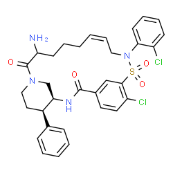 ChemSpider 2D Image | (1S,12Z,22R)-17-Amino-7-chloro-10-(2-chlorophenyl)-22-phenyl-9-thia-2,10,19-triazatricyclo[17.3.1.1~4,8~]tetracosa-4(24),5,7,12-tetraene-3,18-dione 9,9-dioxide | C32H34Cl2N4O4S