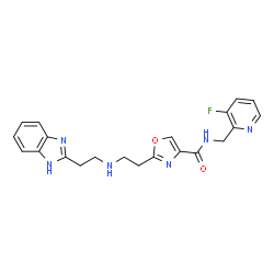 ChemSpider 2D Image | 2-(2-{[2-(1H-Benzimidazol-2-yl)ethyl]amino}ethyl)-N-[(3-fluoro-2-pyridinyl)methyl]-1,3-oxazole-4-carboxamide | C21H21FN6O2
