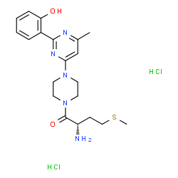 ChemSpider 2D Image | (2S)-2-Amino-1-{4-[2-(2-hydroxyphenyl)-6-methyl-4-pyrimidinyl]-1-piperazinyl}-4-(methylsulfanyl)-1-butanone dihydrochloride | C20H29Cl2N5O2S