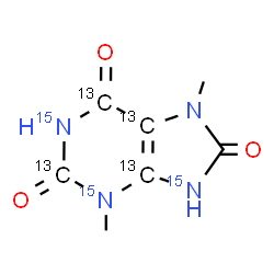 ChemSpider 2D Image | 3,7-Dimethyl(2,4,5,6-~13~C_4_,1,3,9-~15~N_3_)-7,9-dihydro-1H-purine-2,6,8(3H)-trione | C313C4H8N15N3O3