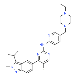 ChemSpider 2D Image | N-{5-[(4-Ethyl-1-piperazinyl)methyl]-2-pyridinyl}-5-fluoro-4-(3-isopropyl-2-methyl-2H-indazol-5-yl)-2-pyrimidinamine | C27H33FN8