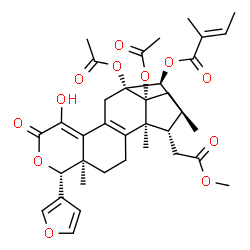 ChemSpider 2D Image | (1S,5R,6R,13R,14S,15R,17R,18S)-13,17-Diacetoxy-6-(3-furyl)-9-hydroxy-18-(2-methoxy-2-oxoethyl)-1,5,15-trimethyl-8-oxo-7-oxapentacyclo[13.2.1.0~2,11~.0~5,10~.0~13,17~]octadeca-2(11),9-dien-14-yl (2E)-2
-methyl-2-butenoate | C36H42O12