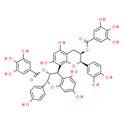 ChemSpider 2D Image | (2R,2'R,3R,3'R,4R)-2'-(3,4-Dihydroxyphenyl)-5,5',7,7'-tetrahydroxy-2-(4-hydroxyphenyl)-3,3',4,4'-tetrahydro-2H,2'H-4,8'-bichromene-3,3'-diyl bis(3,4,5-trihydroxybenzoate) | C44H34O19