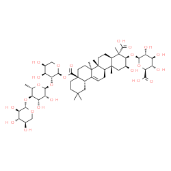 ChemSpider 2D Image | beta-D-Xylopyranosyl-(1->4)-6-deoxy-alpha-L-mannopyranosyl-(1->2)-1-O-[(2beta,3beta)-3-(beta-D-glucopyranuronosyloxy)-2,23-dihydroxy-23,28-dioxoolean-12-en-28-yl]-alpha-L-arabinopyranose | C52H80O24