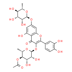 ChemSpider 2D Image | 7-[(6-Deoxy-alpha-L-mannopyranosyl)oxy]-2-(3,4-dihydroxyphenyl)-5-hydroxy-4-oxo-4H-chromen-3-yl 4-O-acetyl-6-deoxy-alpha-L-mannopyranoside | C29H32O16