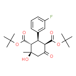 ChemSpider 2D Image | Bis(2-methyl-2-propanyl) (1R,2R,3R,4R)-2-(3-fluorophenyl)-4-hydroxy-4-methyl-6-oxo-1,3-cyclohexanedicarboxylate | C23H31FO6