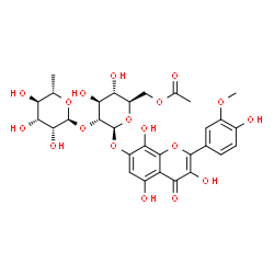 ChemSpider 2D Image | 3,5,8-Trihydroxy-2-(4-hydroxy-3-methoxyphenyl)-4-oxo-4H-chromen-7-yl 6-O-acetyl-2-O-(6-deoxy-alpha-L-mannopyranosyl)-beta-D-glucopyranoside | C30H34O18