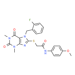 ChemSpider 2D Image | 2-{[7-(2-Fluorobenzyl)-1,3-dimethyl-2,6-dioxo-2,3,6,7-tetrahydro-1H-purin-8-yl]sulfanyl}-N-(4-methoxyphenyl)acetamide | C23H22FN5O4S