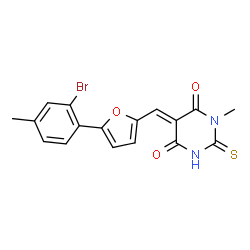 ChemSpider 2D Image | (5E)-5-{[5-(2-Bromo-4-methylphenyl)-2-furyl]methylene}-1-methyl-2-thioxodihydro-4,6(1H,5H)-pyrimidinedione | C17H13BrN2O3S