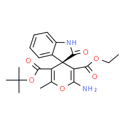ChemSpider 2D Image | 3'-Ethyl 5'-(2-methyl-2-propanyl) (3R)-2'-amino-6'-methyl-2-oxo-1,2-dihydrospiro[indole-3,4'-pyran]-3',5'-dicarboxylate | C21H24N2O6