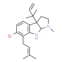 ChemSpider 2D Image | 6-Bromo-1-methyl-3a-(2-methyl-3-buten-2-yl)-7-(3-methyl-2-buten-1-yl)-1,2,3,3a,8,8a-hexahydropyrrolo[2,3-b]indole | C21H29BrN2