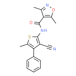 ChemSpider 2D Image | N-(3-Cyano-5-methyl-4-phenyl-2-thienyl)-3,5-dimethyl-1,2-oxazole-4-carboxamide | C18H15N3O2S