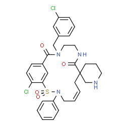 ChemSpider 2D Image | (5'Z)-18'-Chloro-13'-(3-chlorobenzyl)-3'-phenyl-9'H,14'H-spiro[piperidine-3,8'-[2]thia[3,10,13]triazabicyclo[13.3.1]nonadeca[1(19),5,15,17]tetraene]-9',14'-dione 2',2'-dioxide | C32H34Cl2N4O4S