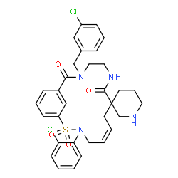 ChemSpider 2D Image | (5'Z)-13'-(3-Chlorobenzyl)-3'-(2-chlorophenyl)-9'H,14'H-spiro[piperidine-3,8'-[2]thia[3,10,13]triazabicyclo[13.3.1]nonadeca[1(19),5,15,17]tetraene]-9',14'-dione 2',2'-dioxide | C32H34Cl2N4O4S