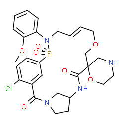 ChemSpider 2D Image | (13E)-21-Chloro-16-(2-methoxyphenyl)-2H,8H-spiro[11-oxa-17-thia-3,7,16-triazatricyclo[16.3.1.1~3,6~]tricosa-1(22),13,18,20-tetraene-9,2'-[1,4]oxazinane]-2,8-dione 17,17-dioxide | C28H33ClN4O7S