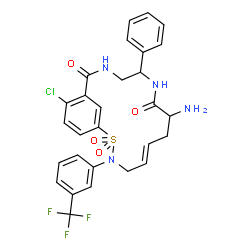 ChemSpider 2D Image | (5E)-8-Amino-16-chloro-11-phenyl-3-[3-(trifluoromethyl)phenyl]-2-thia-3,10,13-triazabicyclo[13.3.1]nonadeca-1(19),5,15,17-tetraene-9,14-dione 2,2-dioxide | C28H26ClF3N4O4S