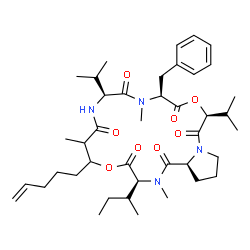 ChemSpider 2D Image | (3S,10S,13S,16S,21aS)-13-Benzyl-3-[(2R)-2-butanyl]-10,16-diisopropyl-2,7,12-trimethyl-6-(4-penten-1-yl)decahydro-6H-pyrrolo[2,1-f][1,10,4,7,13,16]dioxatetraazacyclononadecine-1,4,8,11,14,17(7H,16H)-he
xone | C41H62N4O8