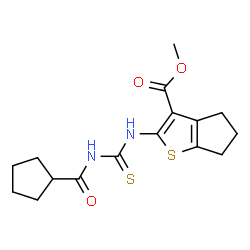 ChemSpider 2D Image | Methyl 2-{[(cyclopentylcarbonyl)carbamothioyl]amino}-5,6-dihydro-4H-cyclopenta[b]thiophene-3-carboxylate | C16H20N2O3S2