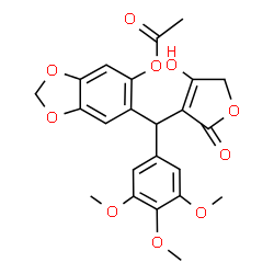 ChemSpider 2D Image | 6-[(4-Hydroxy-2-oxo-2,5-dihydro-3-furanyl)(3,4,5-trimethoxyphenyl)methyl]-1,3-benzodioxol-5-yl acetate | C23H22O10