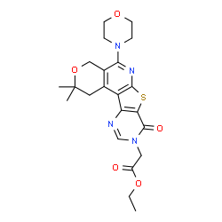 ChemSpider 2D Image | Ethyl [2,2-dimethyl-5-(4-morpholinyl)-8-oxo-1,8-dihydro-2H-pyrano[4'',3'':4',5']pyrido[3',2':4,5]thieno[3,2-d]pyrimidin-9(4H)-yl]acetate | C22H26N4O5S