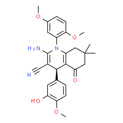 ChemSpider 2D Image | (4S)-2-Amino-1-(2,5-dimethoxyphenyl)-4-(3-hydroxy-4-methoxyphenyl)-7,7-dimethyl-5-oxo-1,4,5,6,7,8-hexahydro-3-quinolinecarbonitrile | C27H29N3O5