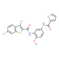 ChemSpider 2D Image | N-(3-{[(3,6-Dichloro-1-benzothiophen-2-yl)carbonyl]amino}-4-methoxyphenyl)-2-furamide | C21H14Cl2N2O4S