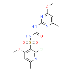 ChemSpider 2D Image | 2-Chloro-4-methoxy-N-[(4-methoxy-6-methyl-2-pyrimidinyl)carbamoyl]-6-methyl-3-pyridinesulfonamide | C14H16ClN5O5S