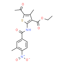 ChemSpider 2D Image | Ethyl 5-acetyl-4-methyl-2-[(3-methyl-4-nitrobenzoyl)amino]-3-thiophenecarboxylate | C18H18N2O6S