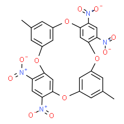 ChemSpider 2D Image | 11,23-Dimethyl-4,6,16,18-tetranitro-2,8,14,20-tetraoxapentacyclo[19.3.1.1~3,7~.1~9,13~.1~15,19~]octacosa-1(25),3(28),4,6,9(27),10,12,15(26),16,18,21,23-dodecaene | C26H16N4O12
