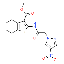 ChemSpider 2D Image | Methyl 2-{[(4-nitro-1H-pyrazol-1-yl)acetyl]amino}-4,5,6,7-tetrahydro-1-benzothiophene-3-carboxylate | C15H16N4O5S