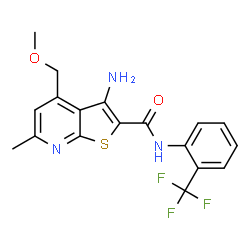 ChemSpider 2D Image | 3-Amino-4-(methoxymethyl)-6-methyl-N-[2-(trifluoromethyl)phenyl]thieno[2,3-b]pyridine-2-carboxamide | C18H16F3N3O2S