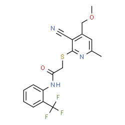 ChemSpider 2D Image | 2-{[3-Cyano-4-(methoxymethyl)-6-methyl-2-pyridinyl]sulfanyl}-N-[2-(trifluoromethyl)phenyl]acetamide | C18H16F3N3O2S