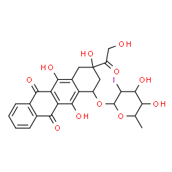 ChemSpider 2D Image | 3-Glycoloyl-3,5,12-trihydroxy-6,11-dioxo-1,2,3,4,6,11-hexahydro-1-tetracenyl 2,6-dideoxy-2-iodohexopyranoside | C26H25IO11