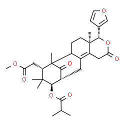 ChemSpider 2D Image | (5R,6R,13R,14R,16S)-6-(3-Furyl)-16-(2-methoxy-2-oxoethyl)-1,5,15,15-tetramethyl-8,17-dioxo-7-oxatetracyclo[11.3.1.0~2,11~.0~5,10~]heptadec-10-en-14-yl 2-methylpropanoate | C31H40O8