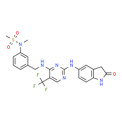 ChemSpider 2D Image | N-Methyl-N-{3-[({2-[(2-oxo-2,3-dihydro-1H-indol-5-yl)amino]-5-(trifluoromethyl)-4-pyrimidinyl}amino)methyl]phenyl}methanesulfonamide | C22H21F3N6O3S