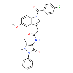 ChemSpider 2D Image | 2-[1-(4-Chlorobenzoyl)-5-methoxy-2-methyl-1H-indol-3-yl]-N-(1,5-dimethyl-3-oxo-2-phenyl-2,3-dihydro-1H-pyrazol-4-yl)acetamide | C30H27ClN4O4