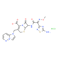 ChemSpider 2D Image | 7-{[(2E)-2-(5-Amino-1,2,4-thiadiazol-3-yl)-2-(methoxyimino)acetyl]amino}-3-(imidazo[1,2-b]pyridazin-1-ium-1-ylmethyl)-8-oxo-5-thia-1-azabicyclo[4.2.0]oct-2-ene-2-carboxylate hydrochloride (1:1) | C19H18ClN9O5S2