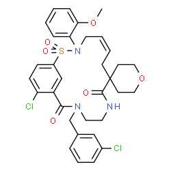 ChemSpider 2D Image | (5'Z)-16'-Chloro-13'-(3-chlorobenzyl)-3'-(2-methoxyphenyl)-2,3,5,6-tetrahydro-9'H,14'H-spiro[pyran-4,8'-[2]thia[3,10,13]triazabicyclo[13.3.1]nonadeca[1(19),5,15,17]tetraene]-9',14'-dione 2',2'-dioxide | C33H35Cl2N3O6S