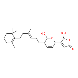 ChemSpider 2D Image | 5-Hydroxy-4-{6-hydroxy-5-[(3E)-4-methyl-6-(2,6,6-trimethyl-1-cyclohexen-1-yl)-3-hexen-1-yl]-5,6-dihydro-2H-pyran-2-yl}-2(5H)-furanone | C25H36O5