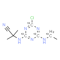 ChemSpider 2D Image | 2-({4-Chloro-6-[(1-~13~C)ethylamino](~13~C_3_)-1,3,5-triazin-2-yl}amino)-2-methylpropanenitrile | C513C4H13ClN6