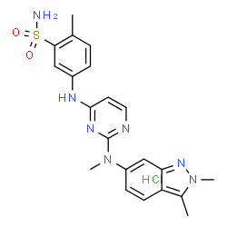 ChemSpider 2D Image | 5-({2-[(2,3-Dimethyl-2H-indazol-6-yl)(methyl)amino]-4-pyrimidinyl}amino)-2-methylbenzenesulfonamide hydrochloride (1:1) | C21H24ClN7O2S