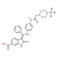 ChemSpider 2D Image | (3Z)-3-[{[4-(Methyl{[4-(~2~H_3_)methyl-1-piperazinyl]acetyl}amino)phenyl]amino}(phenyl)methylene]-2-oxo-6-indolinecarboxylic acid | C30H28D3N5O4