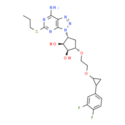 ChemSpider 2D Image | (1S,2S,3R,5S)-3-[7-Amino-5-(propylsulfanyl)-3H-[1,2,3]triazolo[4,5-d]pyrimidin-3-yl]-5-(2-{[2-(3,4-difluorophenyl)cyclopropyl]oxy}ethoxy)-1,2-cyclopentanediol | C23H28F2N6O4S