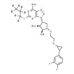 ChemSpider 2D Image | (1S,2S,3R,5S)-3-{7-Amino-5-[(~2~H_7_)propylsulfanyl]-3H-[1,2,3]triazolo[4,5-d]pyrimidin-3-yl}-5-(2-{[2-(3,4-difluorophenyl)cyclopropyl]oxy}ethoxy)-1,2-cyclopentanediol | C23H21D7F2N6O4S