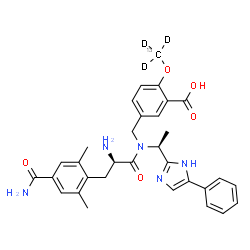 ChemSpider 2D Image | 5-({(4-Carbamoyl-2,6-dimethyl-D-phenylalanyl)[(1S)-1-(5-phenyl-1H-imidazol-2-yl)ethyl]amino}methyl)-2-[(~13~C,~2~H_3_)methyloxy]benzoic acid | C3113CH32D3N5O5