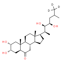 ChemSpider 2D Image | (2alpha,3alpha,5alpha,22R,23R)-2,3,22,23-Tetrahydroxy(26,26,26-~2~H_3_)cholestan-6-one | C27H43D3O5